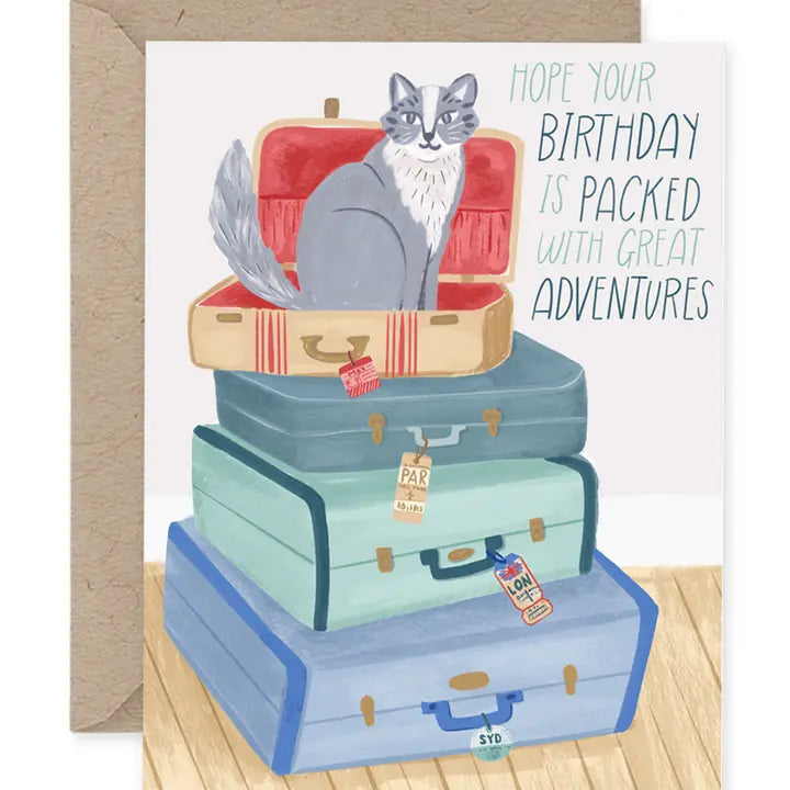 Cat with Vintage Suitcases Birthday Adventures Card