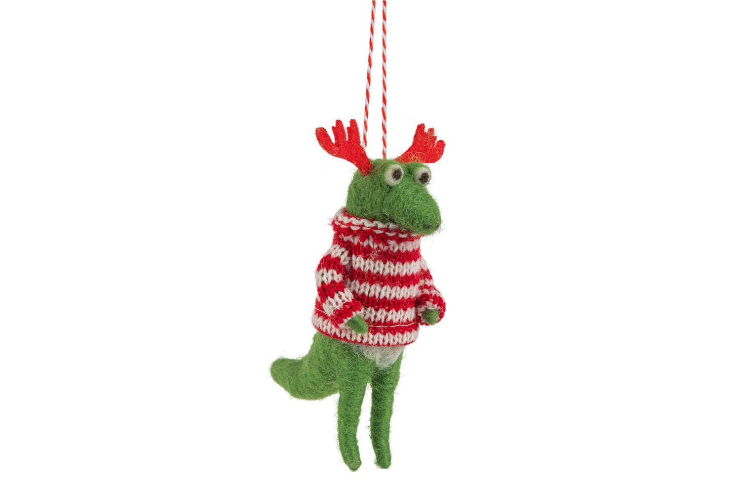 F81 - Felt Green Standing Dinosaur with Red & White Striped Sweater With Antlers Ornament