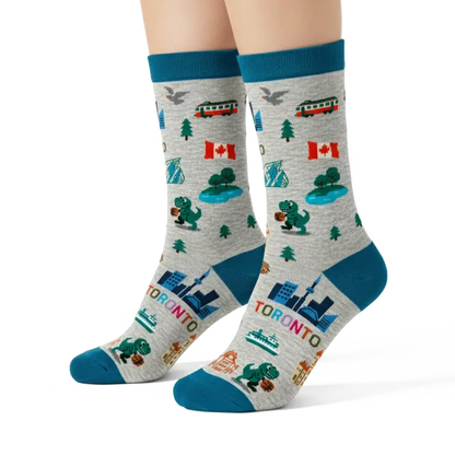Toronto Canada Crew Socks with City Skyline Landmarks and Travel Icons