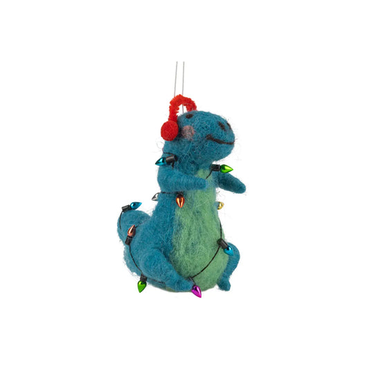 F82 - Felt Blue Dinosaur Wrapped In Light String Ornament