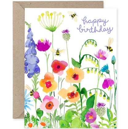 Bumblebee Garden Watercolor Birthday Card