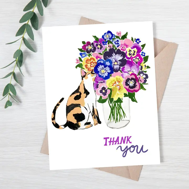 Cat with Pansy Flowers Thank You Card
