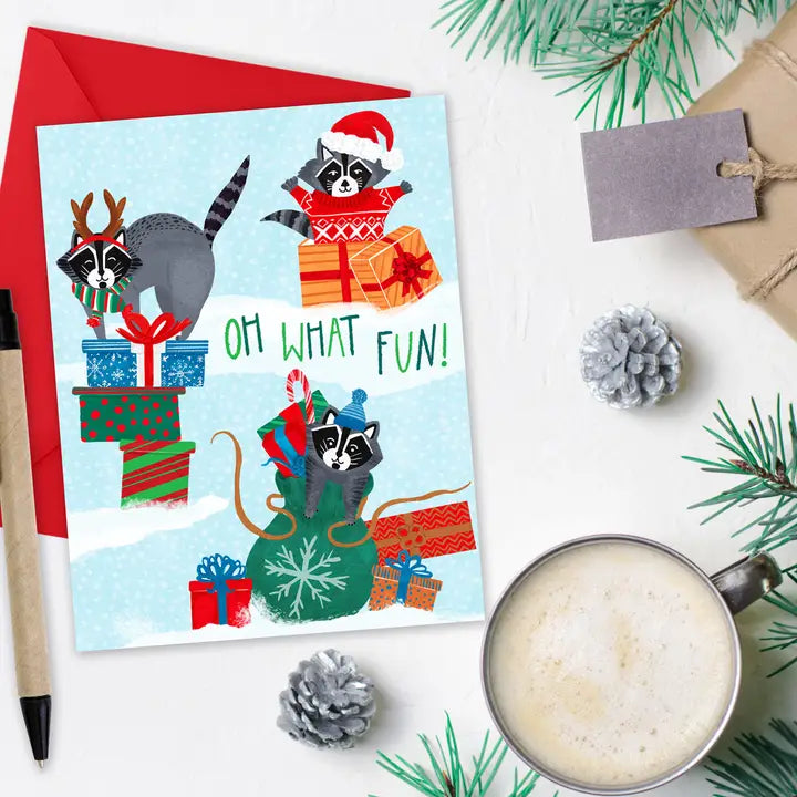 Cute Raccoons with Stacks of Christmas Presents Card
