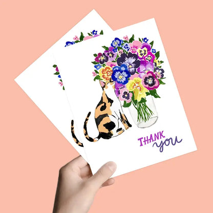 Cat with Pansy Flowers Thank You Card