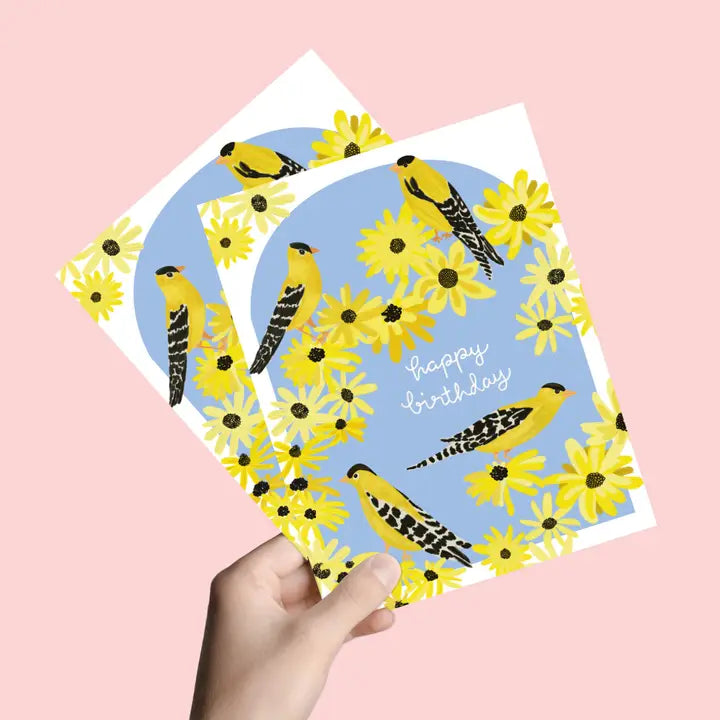 Finch Birds and Yellow Flowers Happy Birthday Card