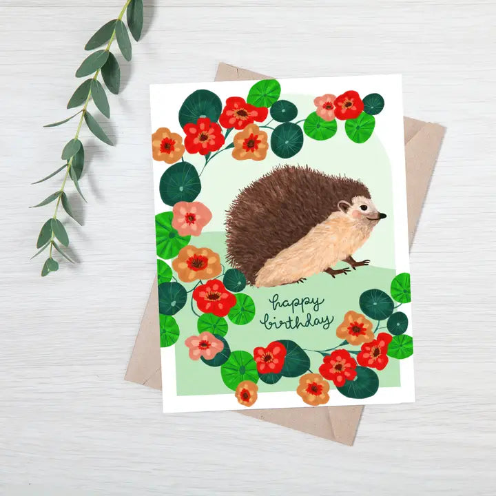 Hedgehog in Flowers Happy Birthday Card