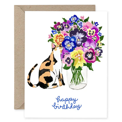 Cat with Pansy Flowers Happy Birthday Card