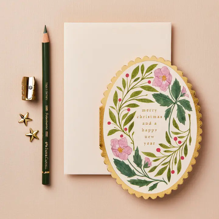 Pink Flora Merry Christmas Card
