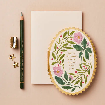 Pink Flora Merry Christmas Card