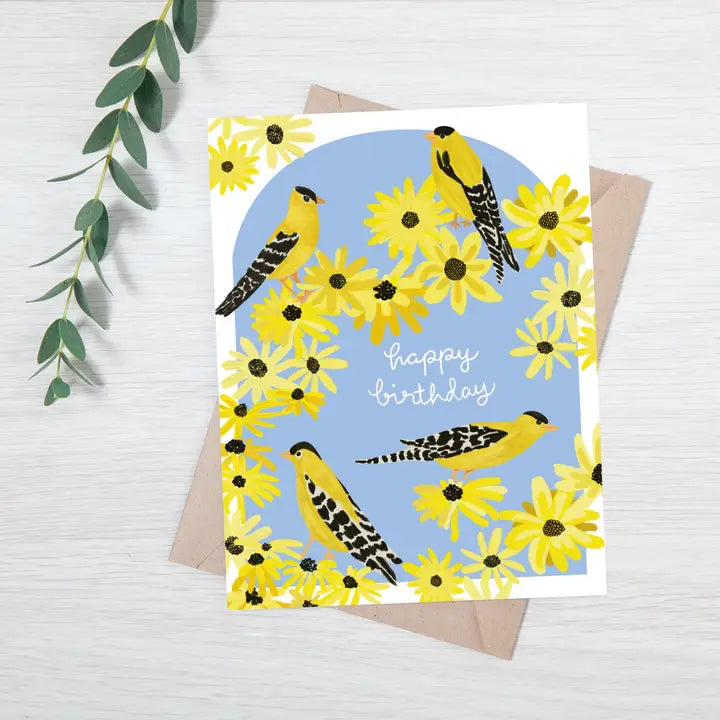Finch Birds and Yellow Flowers Happy Birthday Card