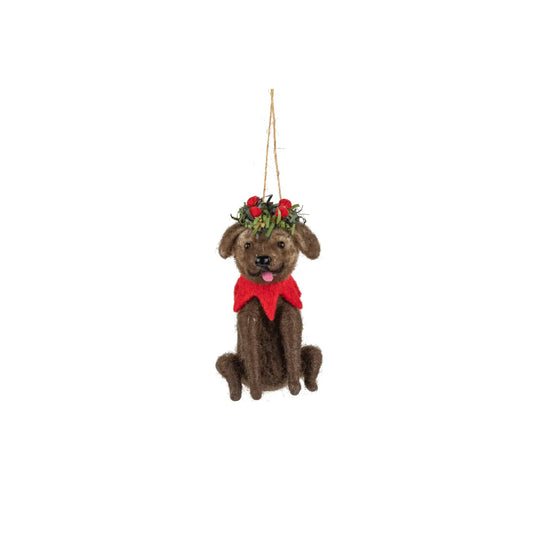 F86 - Felt Brown Dog with Red Jester Scarf Ornament