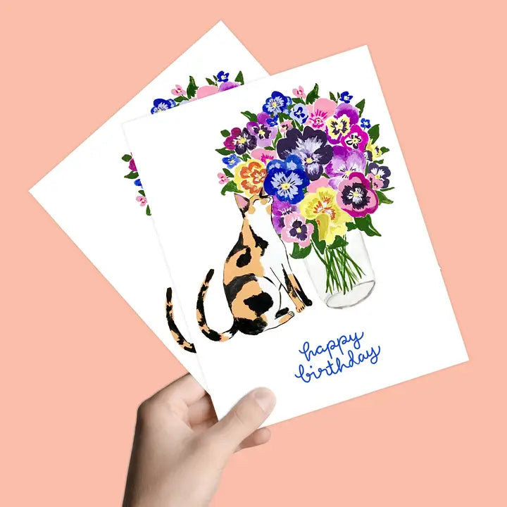 Cat with Pansy Flowers Happy Birthday Card