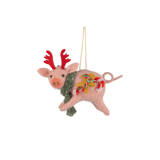 F83 - Felt Pig With Antlers Ornament