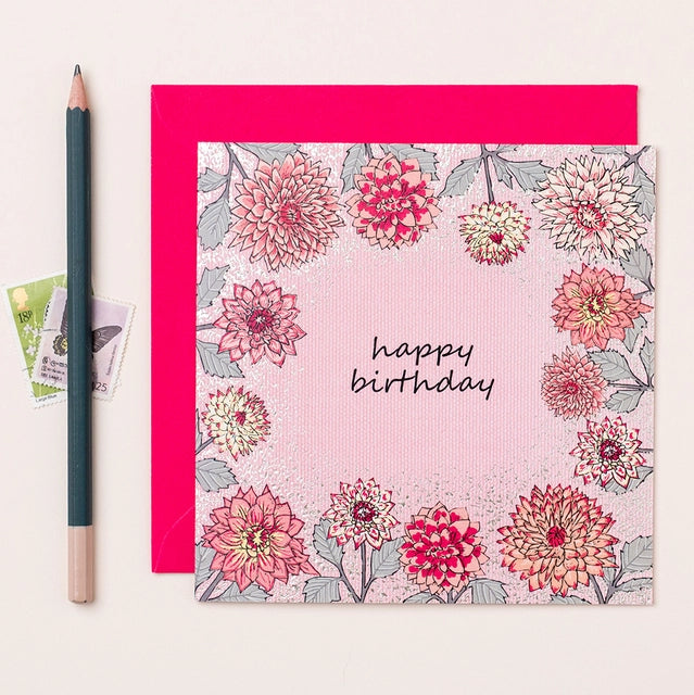 Silver Foiled Birthday Floral Dahlia Square Card