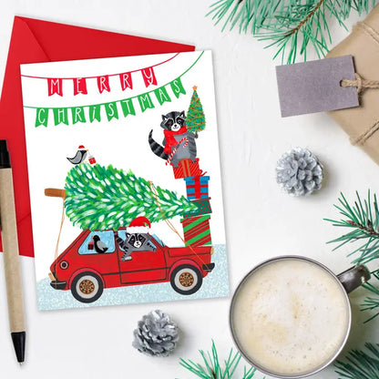 Cute Raccoons in a Car Christmas Cards