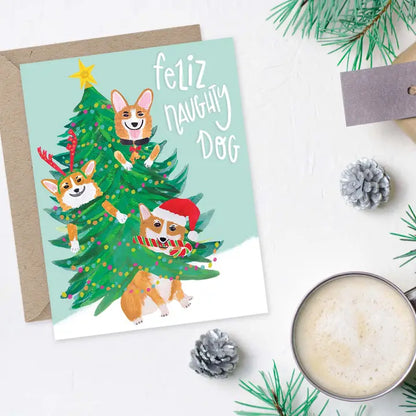 Funny Corgi Dogs in the Christmas Tree Card