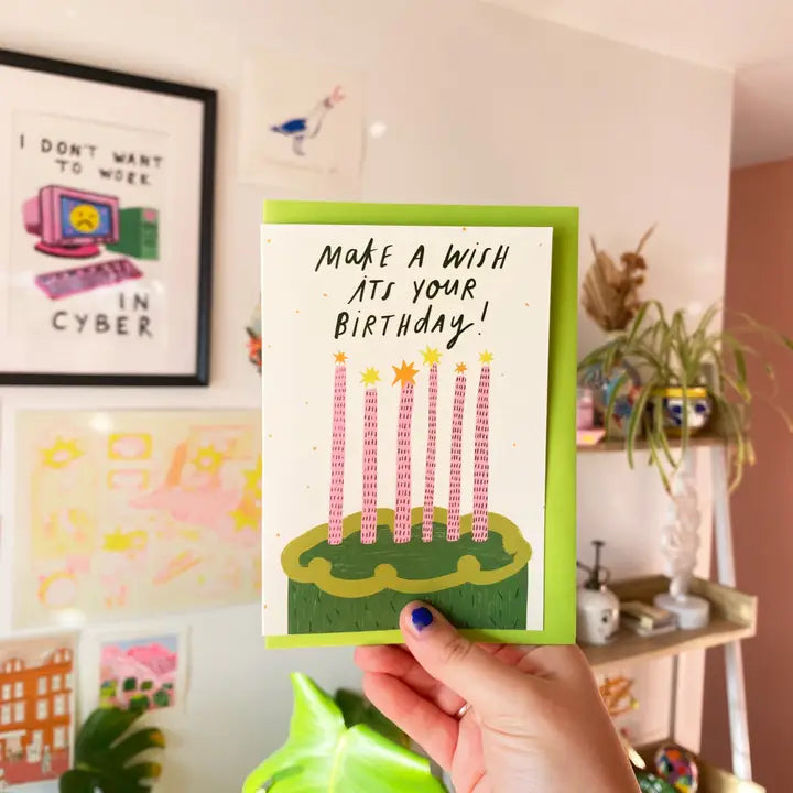 Make a Wish Green Cake Birthday Greeting Cards
