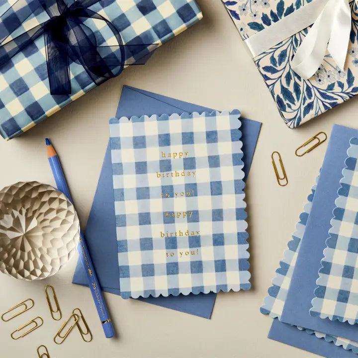 Mid Blue Gingham Happy Birthday Card