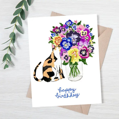 Cat with Pansy Flowers Happy Birthday Card