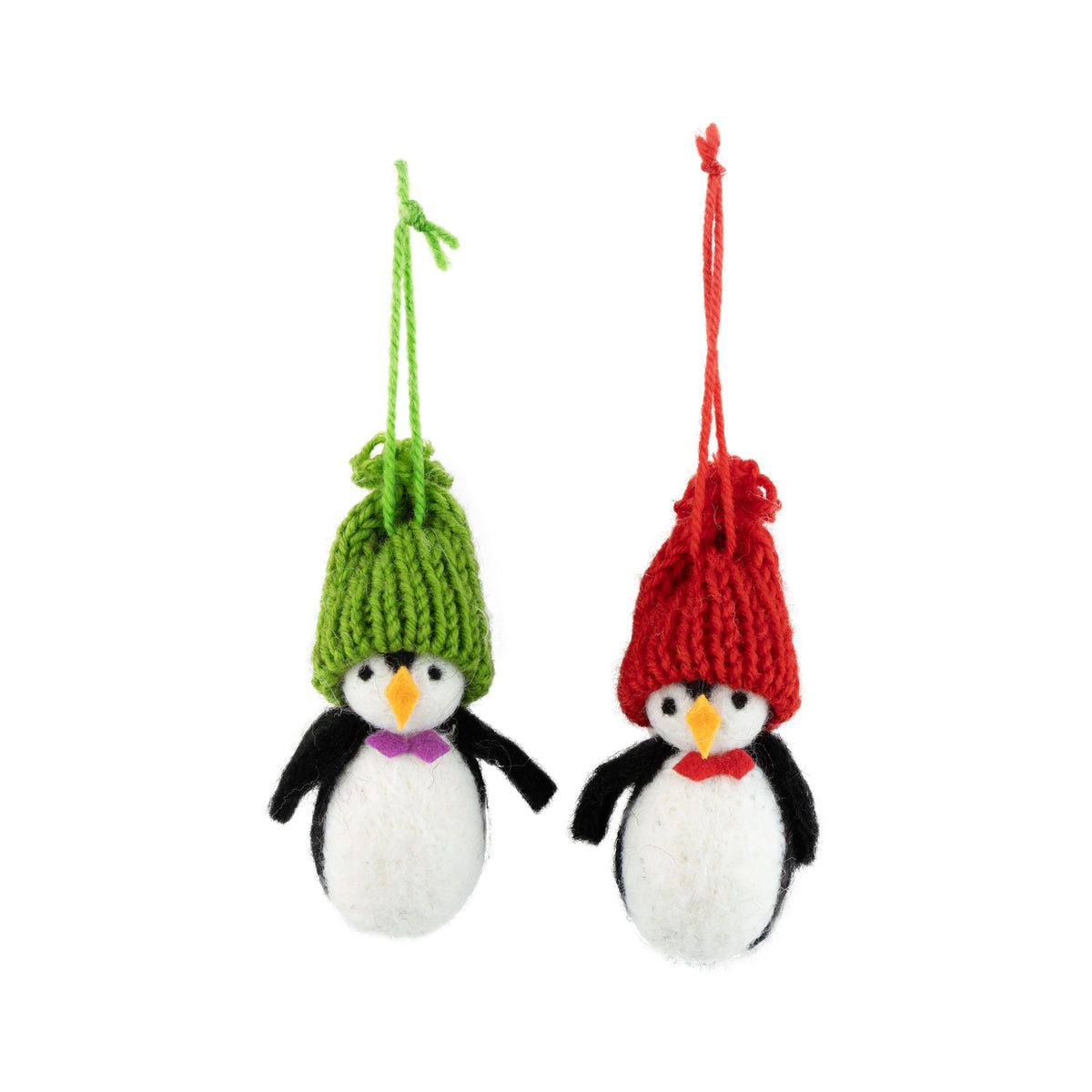 Felt Penguins Red + Green Hat Ornament