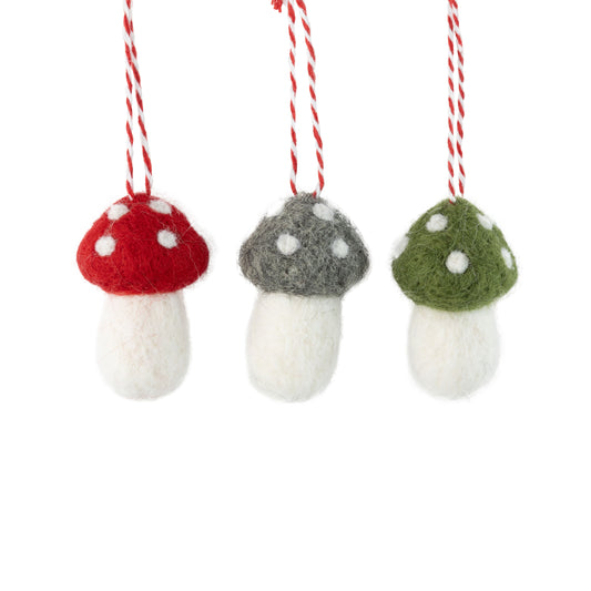 Felt Mushroom Ornaments In Red, Grey + Green