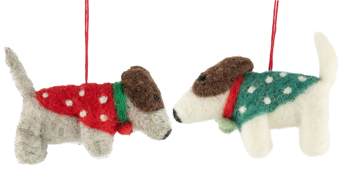 F100 - Felt Dogs Ornament Polka-Dot Sweaters In Red + Green