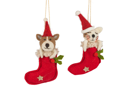 Felt Dog And Cat In Stocking Ornament