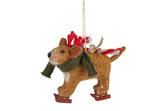 Felt Dog On Skates Ornament, Green Scarf And Red Antlers