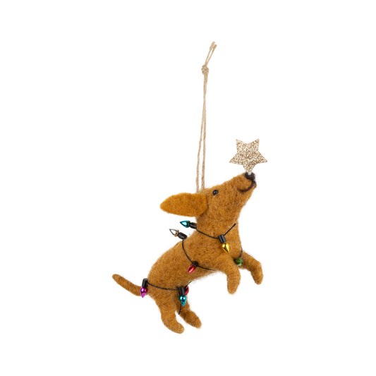 F60 - Tan Felt Dog Ornament Wrapped In Lights With A Star