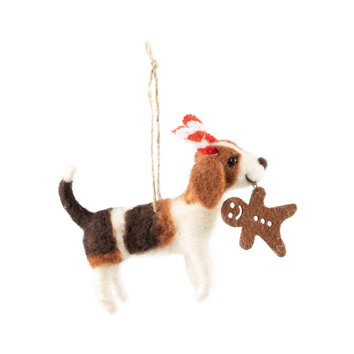 Felt Beagle Candy Cane Antlers With a Gingerbread Ornament