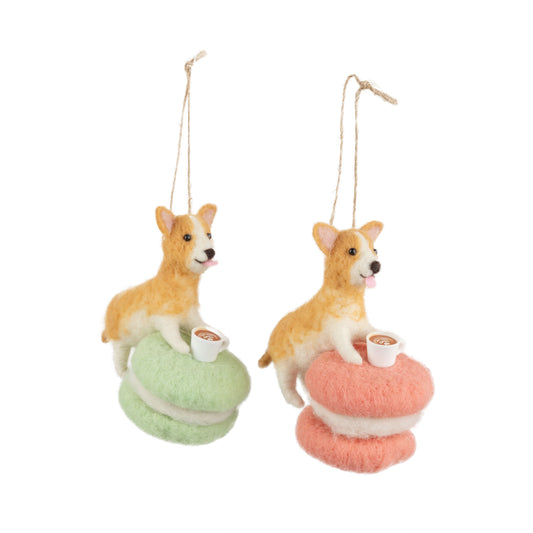 F68 - Felt Dog On Macaroon With Coffee Cup Ornament Pink + Paie Green