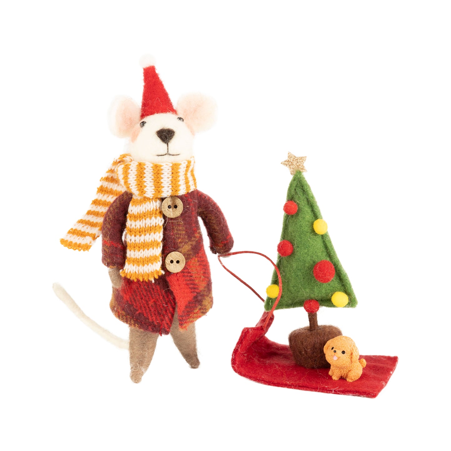F34 - Felt Mouse Pulling Sled Table Piece, Paid Coat + Striped Scraf Puppy + Tree On Sled