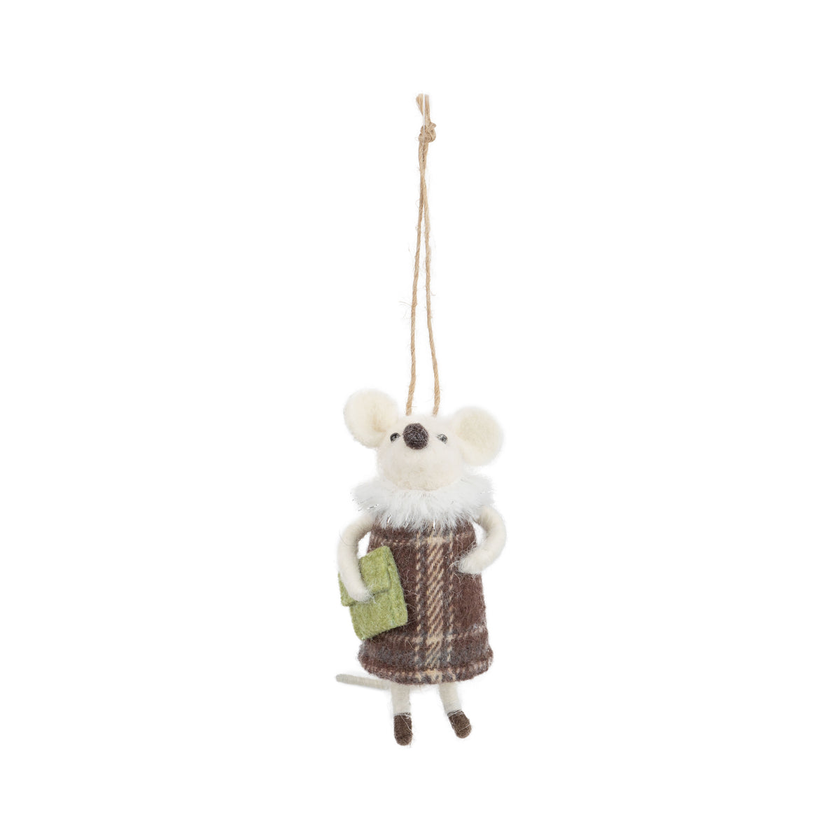 F114 - Felt Mouse in Brown Dress and Green Purse Ornament