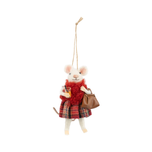 Felt Mouse Ornament In Red Scarf And Plaid Skirt, Holding A Drink + Brown Purse