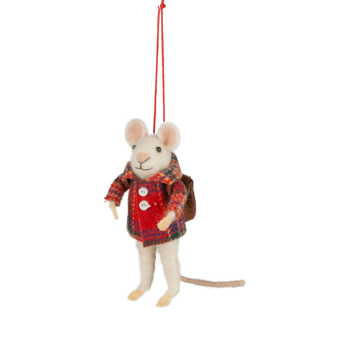 Felt Mouse In Plaid Coat and Backpack Ornament