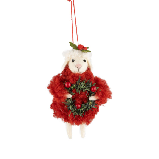 Felt Lamb Red Coat Holding Holly Wreath Ornament