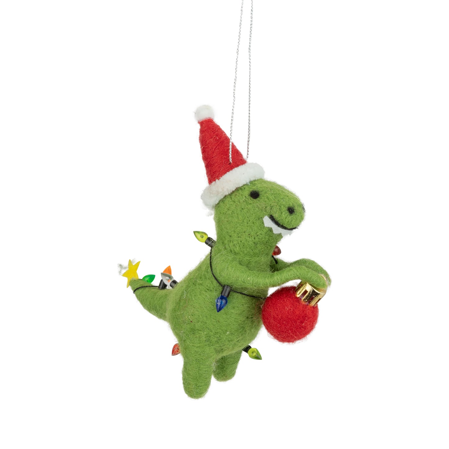 F79 - Felt Green Dinosaur Ornament In Red Santa Hat + Light String