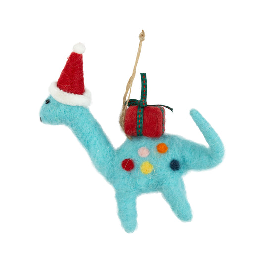 F81 - Felt Dinosaur Blue With Red Gift And Santa Hat