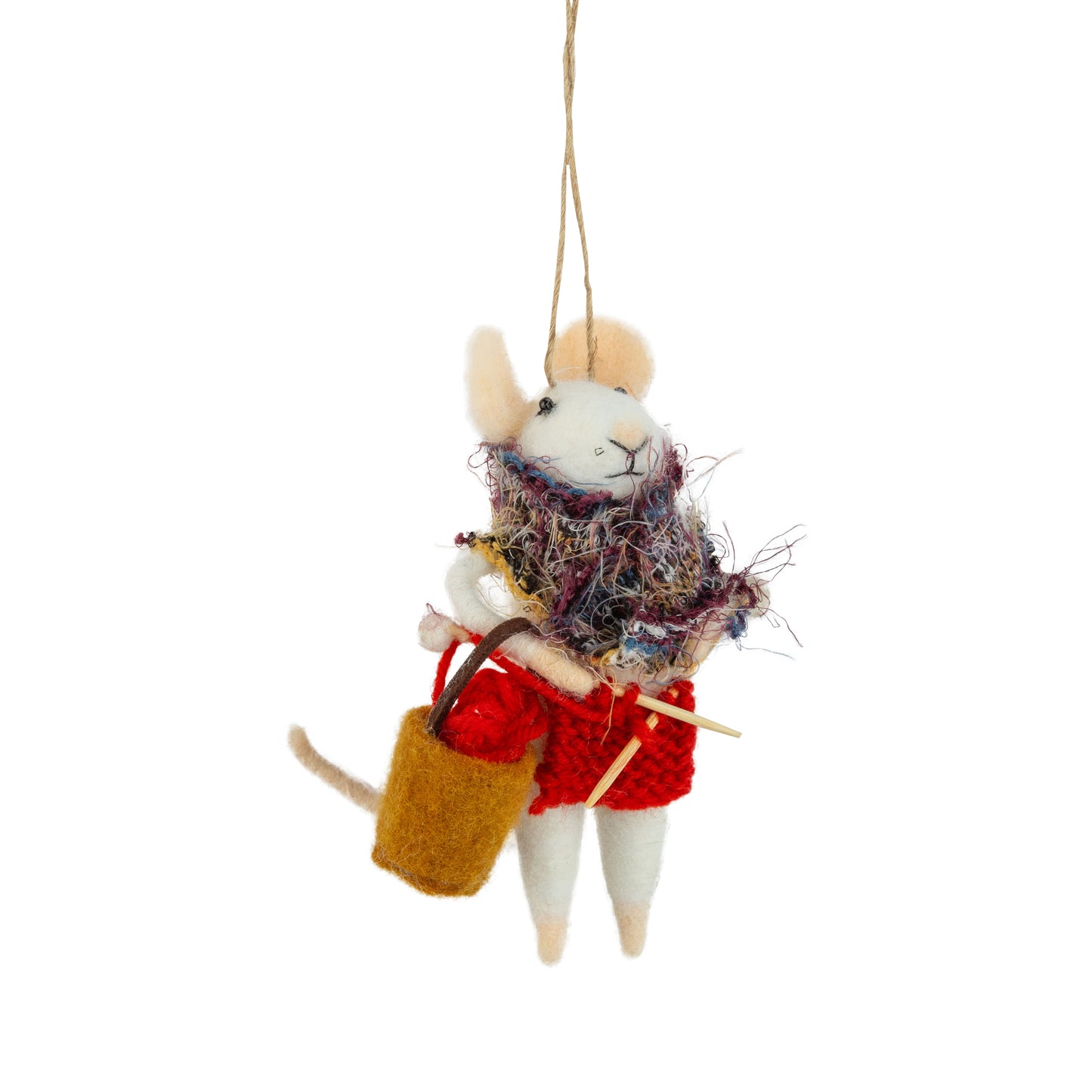 F40 - Felt Mouse Ornament With Knitting Bag, 4.5