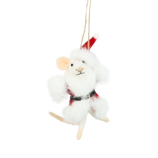 F25 - Felt Mouse Ornament In Santa Coat With Buffy White Trim