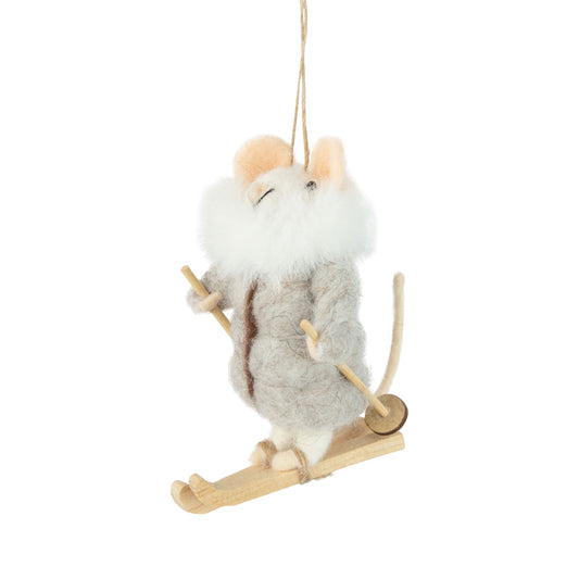 Felt Mouse Ornament In Puffy Coat With White Collar + Skis