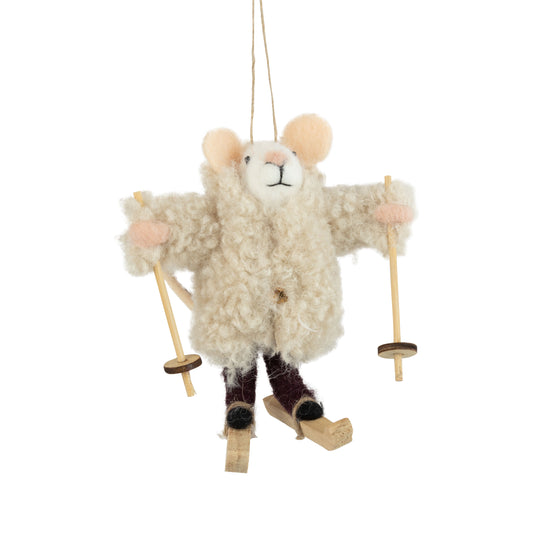 F35 - Felt Mouse Ornament In Boucle Coat With Skis
