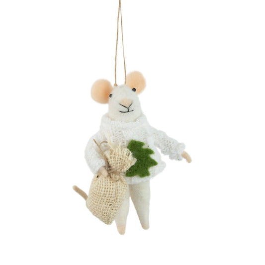 Felt Mouse Ornament In A White Sweater With Green Tree