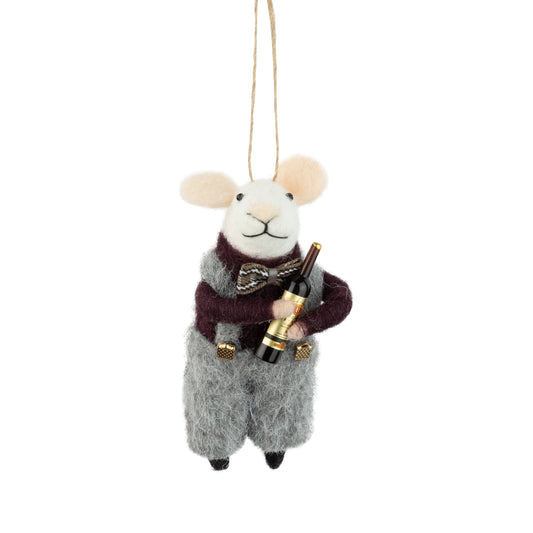 F33 - Felt White Mouse Ornament In A Festive Outfit Holding A Wine Bottle