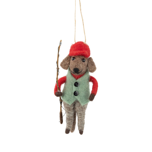 Felt Dog Ornament With Green Vest, Red Hat + A Fishing Pole