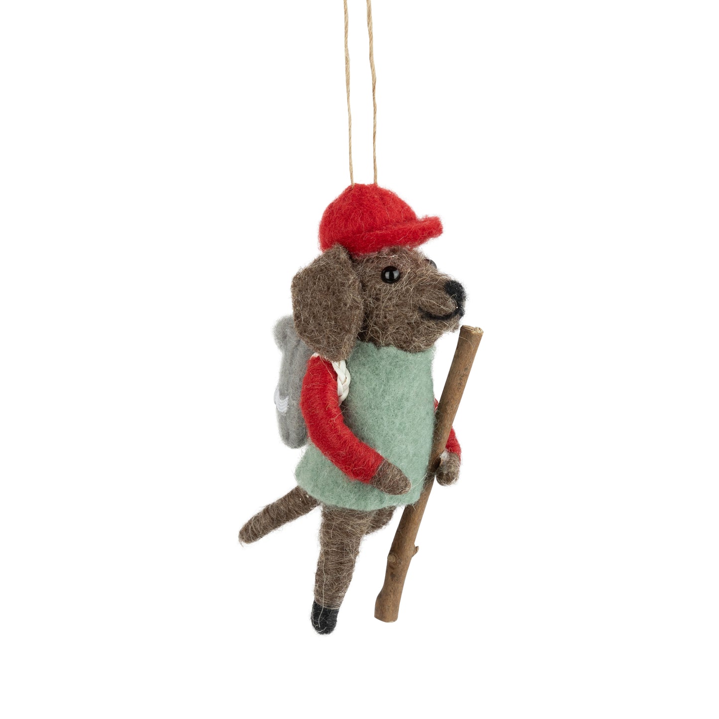F74 - Felt Dog Ornament, Green Sweater And Red Hat With Backpack + Walking Stick