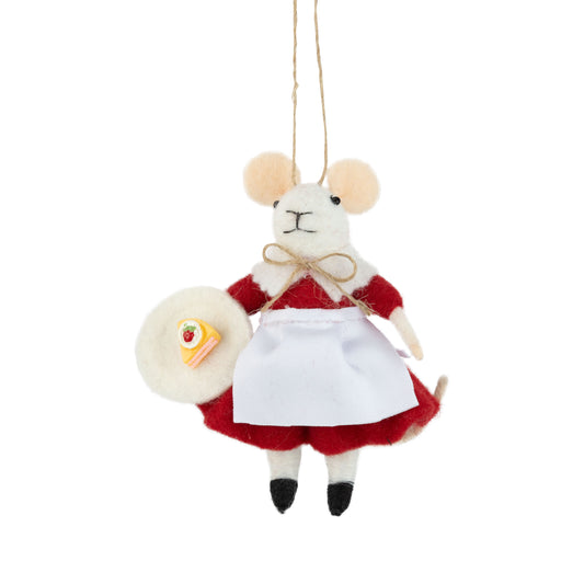 Felt Mouse Ornament In Red Dress Holding Cake On A Plate