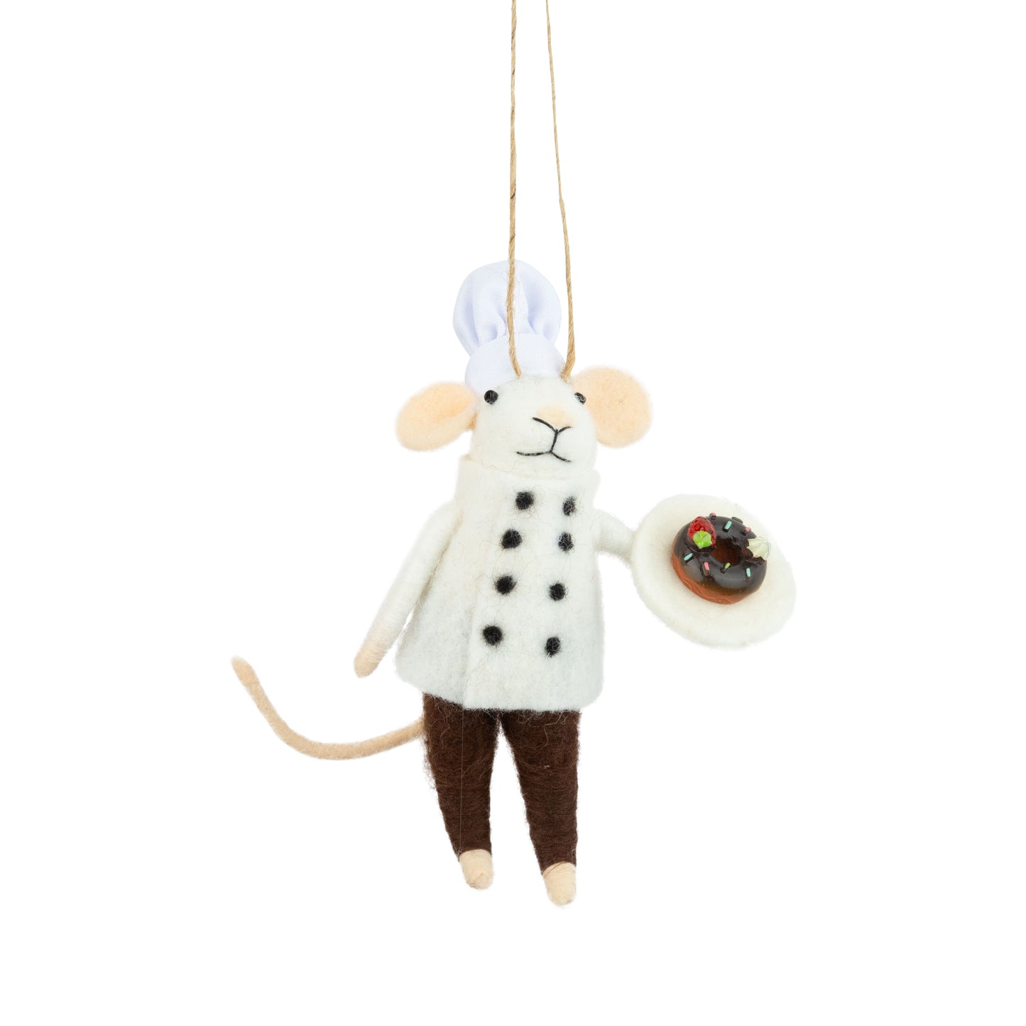 F29 - Felt Mouse Ornament In Chef Jacket And Hat, Holding A Plate With Donut