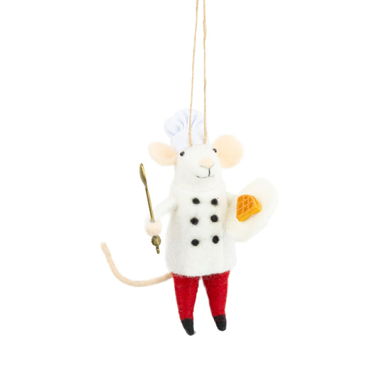 F7 - Felt Mouse Ornament In Chef Jacket And Hat, Holding A Plate With Waffle