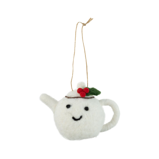 White Felt Teapot Character With Holly Trim